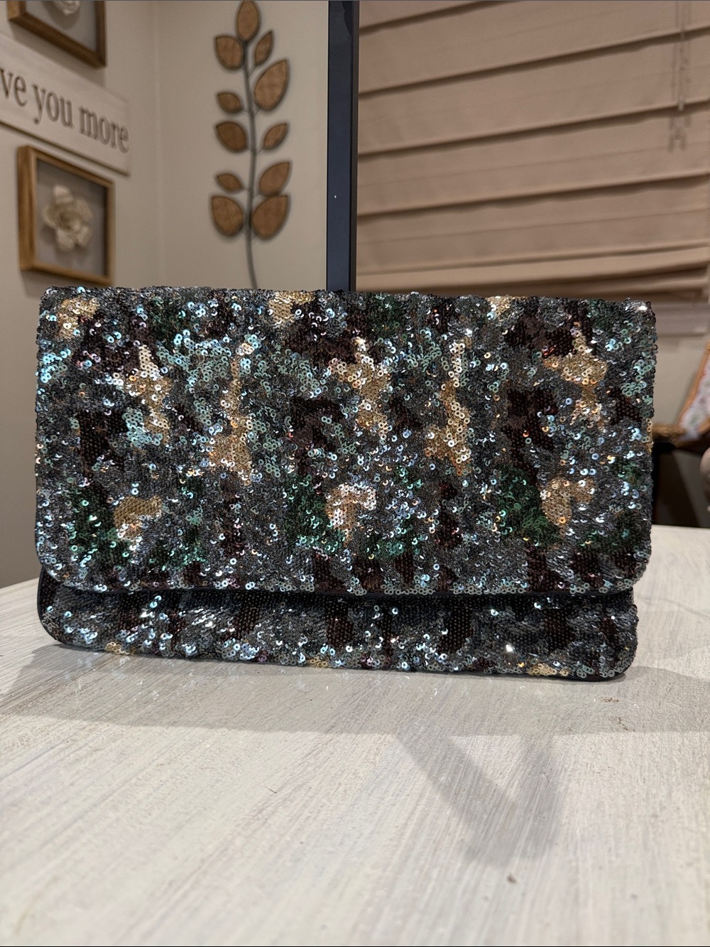 BCBGMaxAzria Camouflage Sequin Fold-Over Clutch in Black, Gold, Green